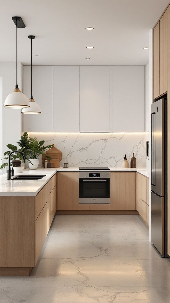 آشپزخانه اسکاندیناوی جمع و جور ؛ مینیمال با کابینت چوب بلوط روشن و بین‌کابینتی مرمر