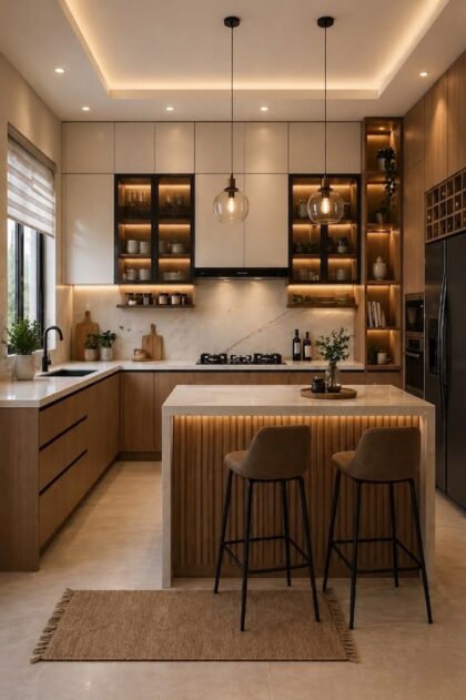 آشپزخانه مدرن کرم و قهوه‌ای با نورپردازی خطی