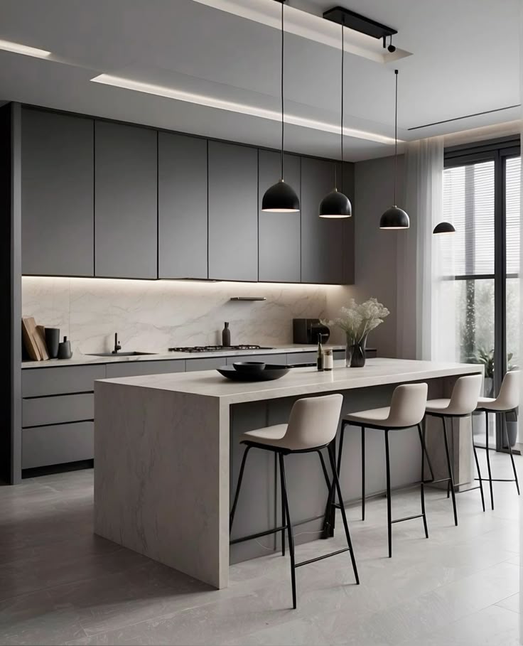 طراحی آشپزخانه مدرن با کابینت مشکی و کانتر سنگی روشن
