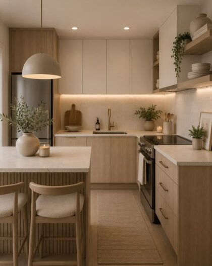 طراحی آشپزخانه کوچک به سبک ارگانیک مدرن با کابینت های زمینی چوب روشن، کابینت های دیواری کرم مات، جزیره شیاردار لوور با دو صندلی چوبی، چراغ آویز نیم کره بژ، شلف دیواری چوبی با نور مخفی، اجاق گاز مبله استیل و فرش کنفی