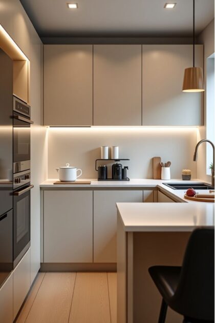 طراحی آشپزخانه بسیار کوچک U شکل مدرن با کابینت های کرم مات بدون دستگیره، فر توکار ایستاده، کانتر کوچک یک نفره، چراغ آویز طلایی قیفی، سینک توکار مشکی، نور مخفی و پارکت چوبی