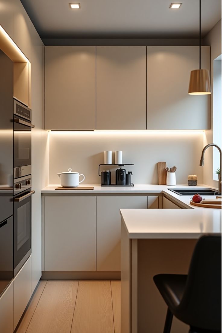 طراحی آشپزخانه مدرن بسیار کوچک U شکل | مدل کابینت کرم مات بدون دستگیره